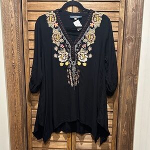 NWT Madeline Black Tunic with Floral Embroidery size S